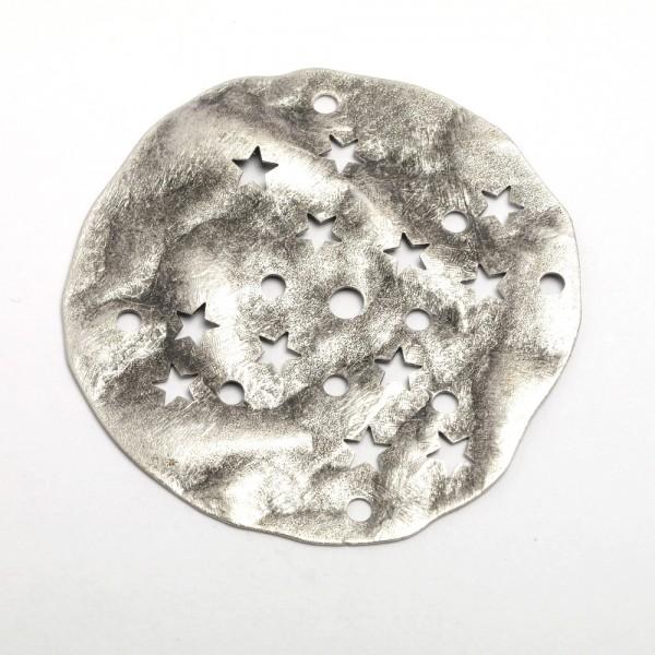 Ciondolo disco martellato con decori a stelle argento antico menoni busta da 3 pezzi diametro 50mm