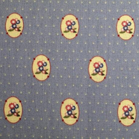 Tessuto americano celeste con ovali e fiori HFT 140x30cm