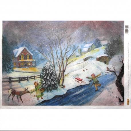 Carta riso paesaggio innevato  arti e grafica 33x48