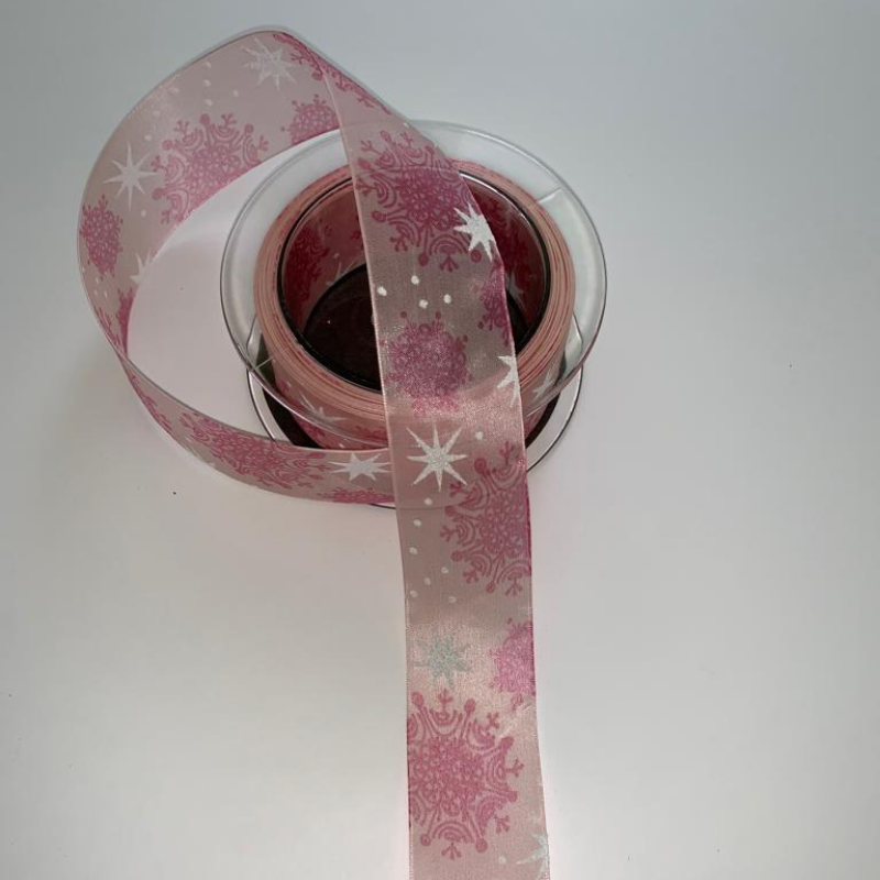 Nastro di Natale con decoro Albero Natale con filo metallico Nastro Arti e Grafica Fantasia colore rosa con Stelle e Fiocchi a Rilievo 40 mm