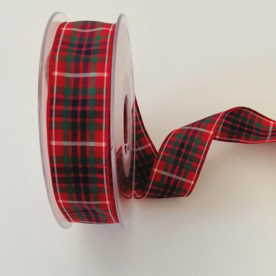 Nastro di Natale scozzese fondo rosso con riquadri blu e verdi Stafil 25mm