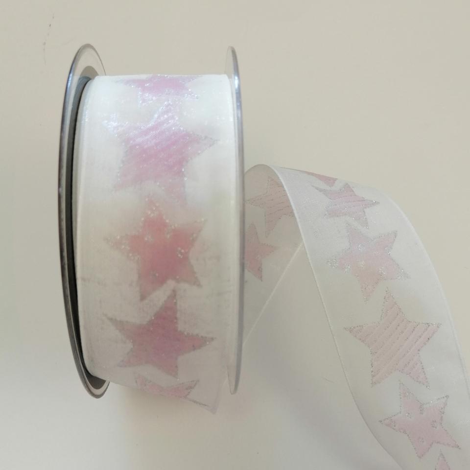 Nastro di Natale con decoro stelle rosa su fondo bianco con glitter argento con filo nylon pbs 40mm