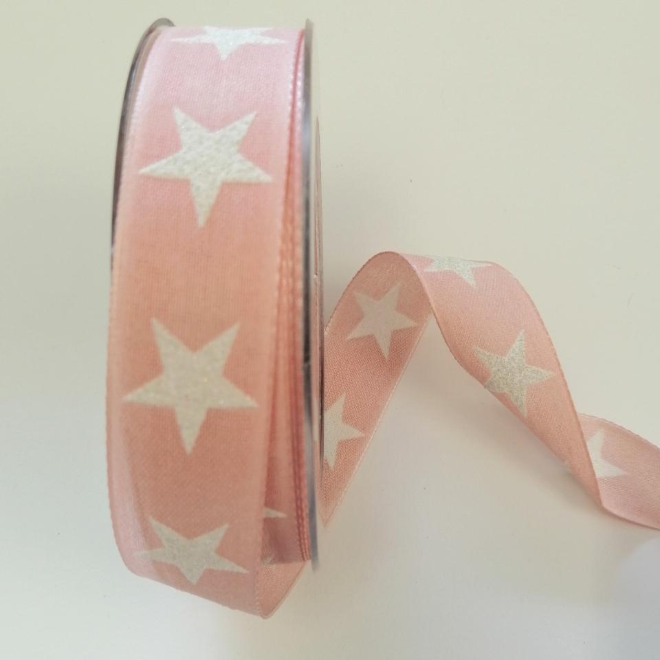 Nastro di Natale con decoro stelle bianche con filo di nylon pbs colore rosa 25mm