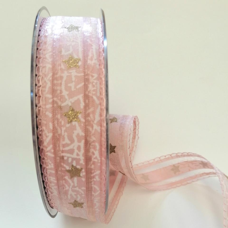 Nastro di Natale con decoro stelle dorate pbs fondo rosa e bianco 25mm