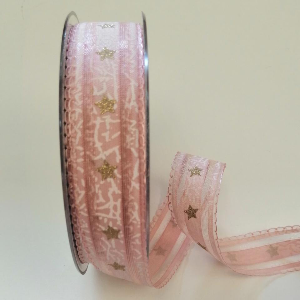 Nastro di Natale con decoro stelle dorate pbs fondo rosa e bianco 25mm