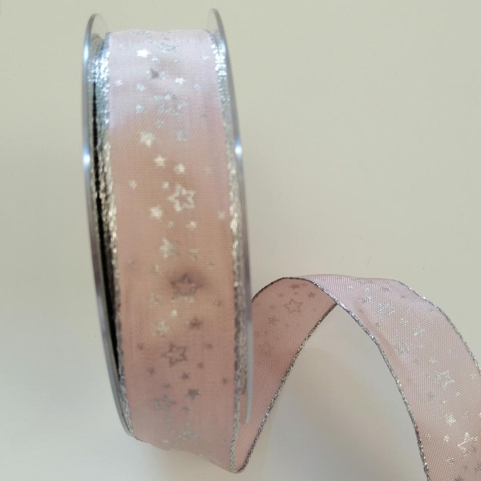 Nastro di Natale con decoro stelline argento con filo metallico pbs fondo rosa chiaro 25mm