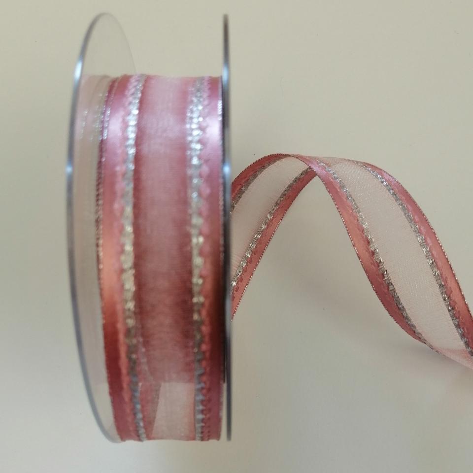 Nastro Decoro di colore rosa con cuciture argento pbs larghezza 25 mm