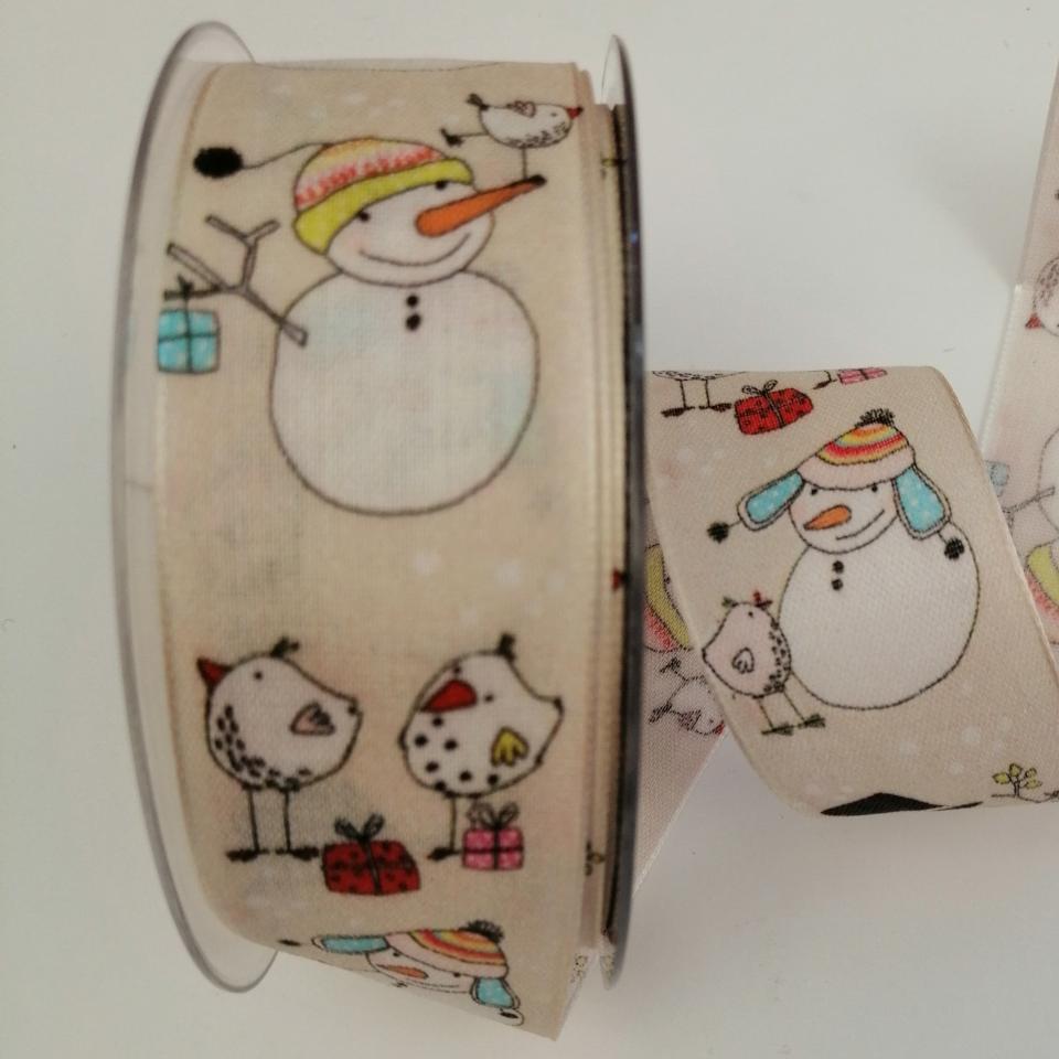 Nastro di Natale con decoro pupazzi di neve buffi pbs fondo avorio larghezza 40mm