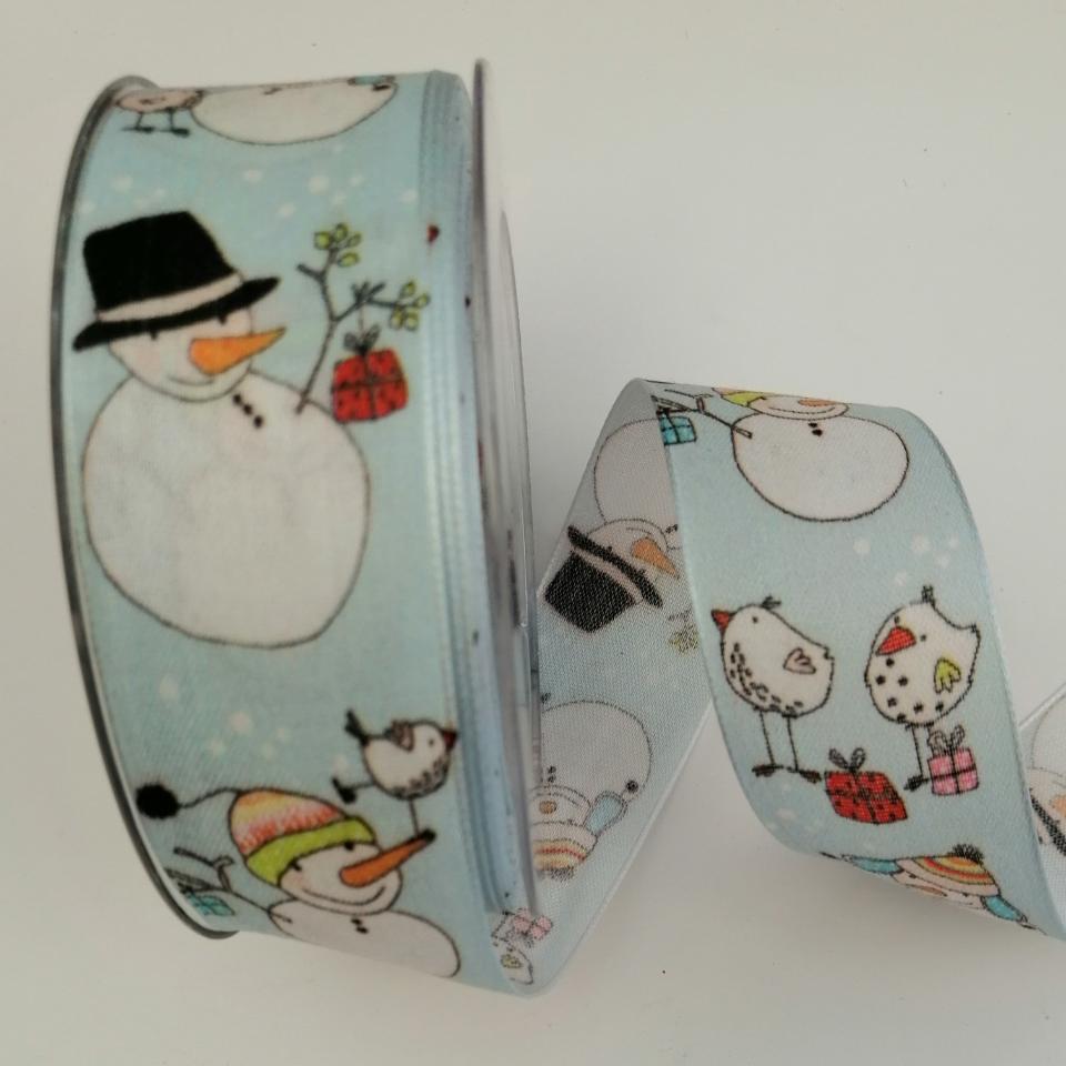 Nastro di Natale con decoro pupazzi di neve buffi e uccellini pbs fondo celeste larghezza  4cm