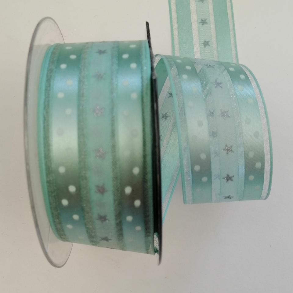 Nastro di Natale con decoro stelline e pois pbs fondo verde chiaro 4cm