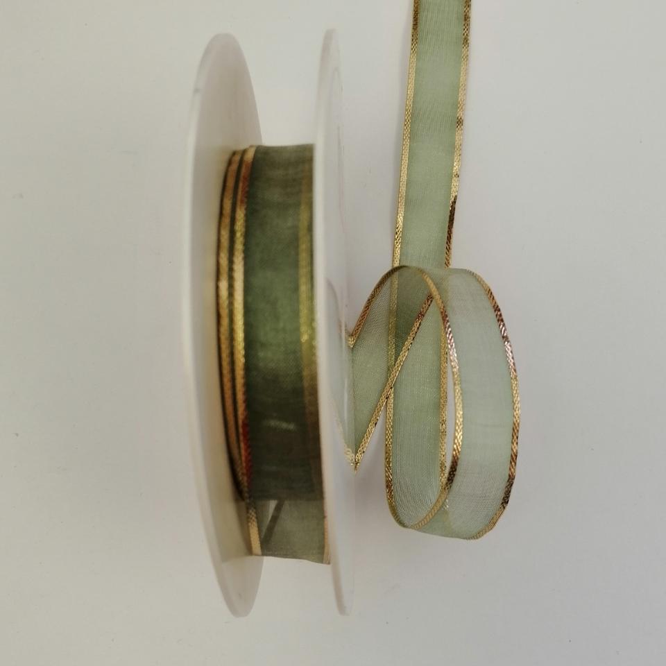 Nastro Organza verde con perfili dorati arti e grafica Larghezza 15 mm