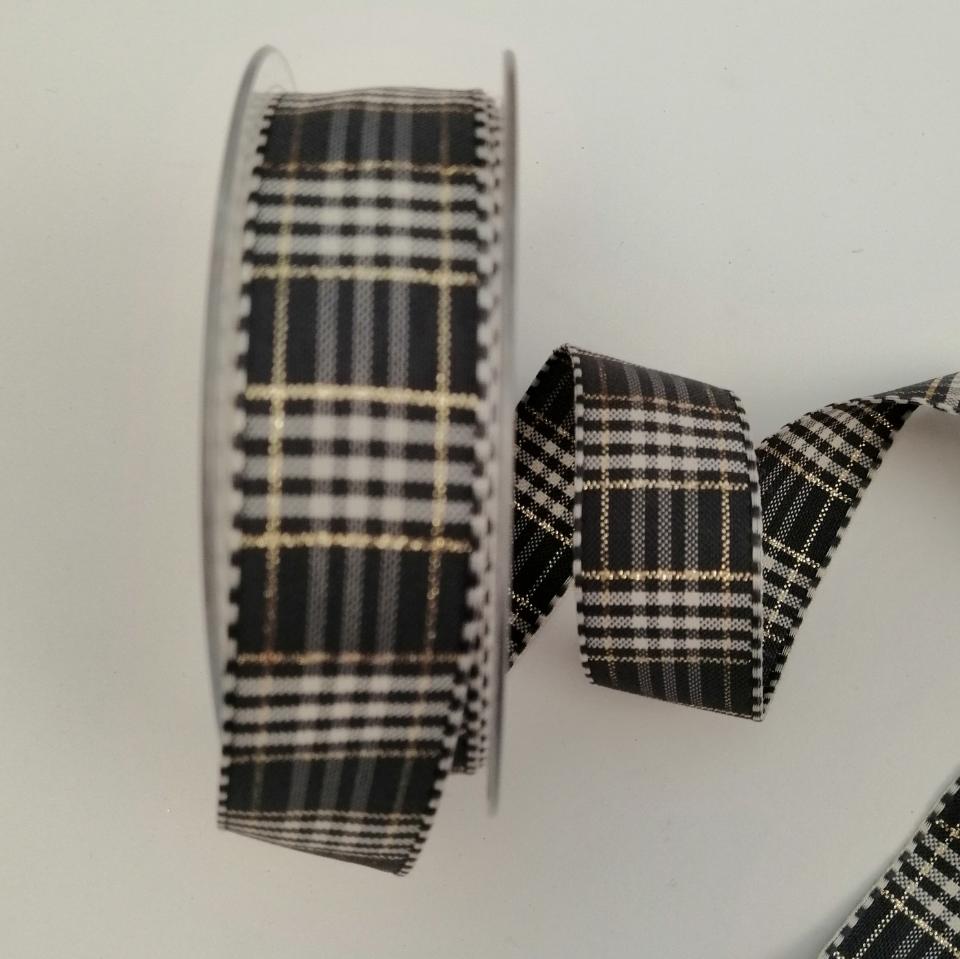 Nastro di Natale con decoro rustic plaid  grigio avorio e dorato Ribbon stafil 25mm