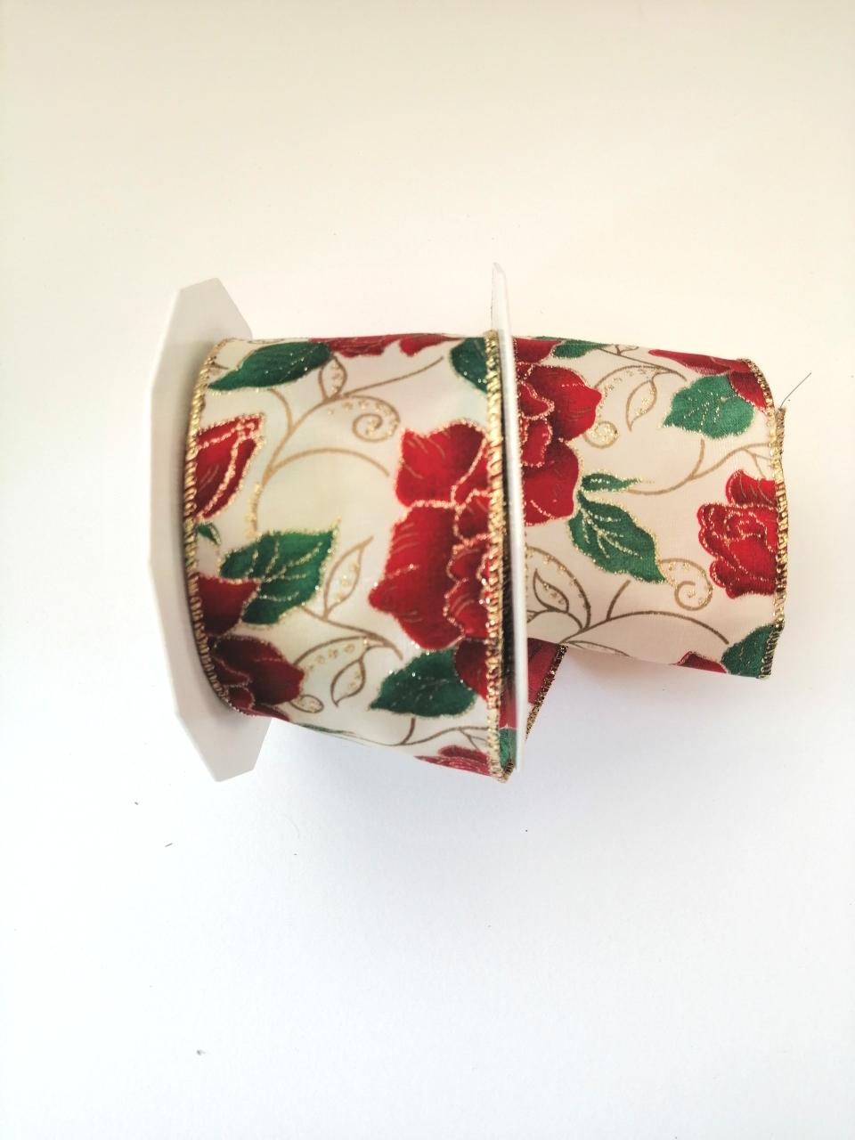 Nastro di Natale con Decoro Rose rosse e con perfili in oro PBS 60mm con rinforzo metallico