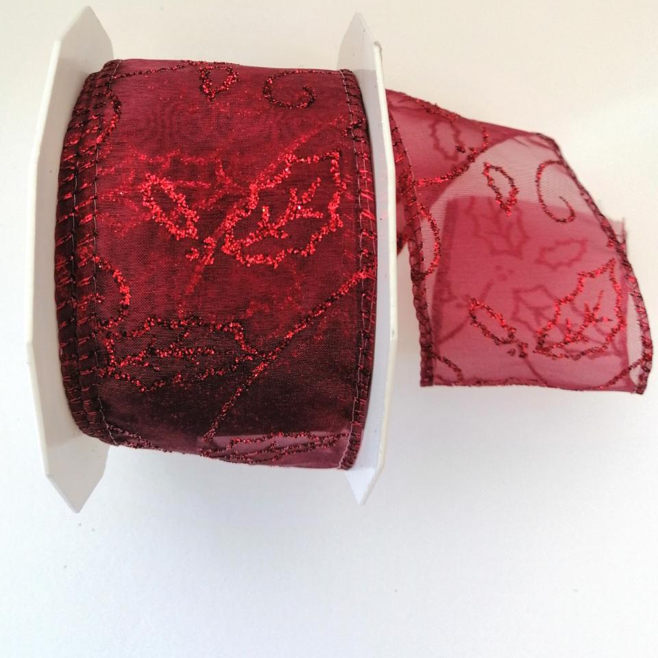 Nastro di Natale con Decoro foglie glitterate bordeau Nastro  PBS fondo bordeau trasparente mm60