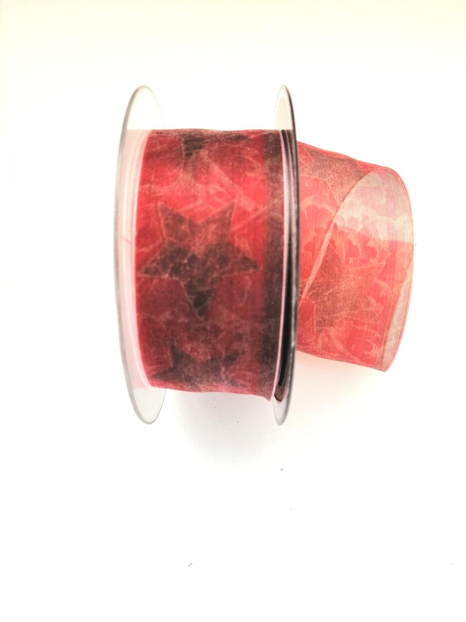 Nastro di Natale con decoro Stelle scure pbs fondo organza bordeaux e dorata mm40