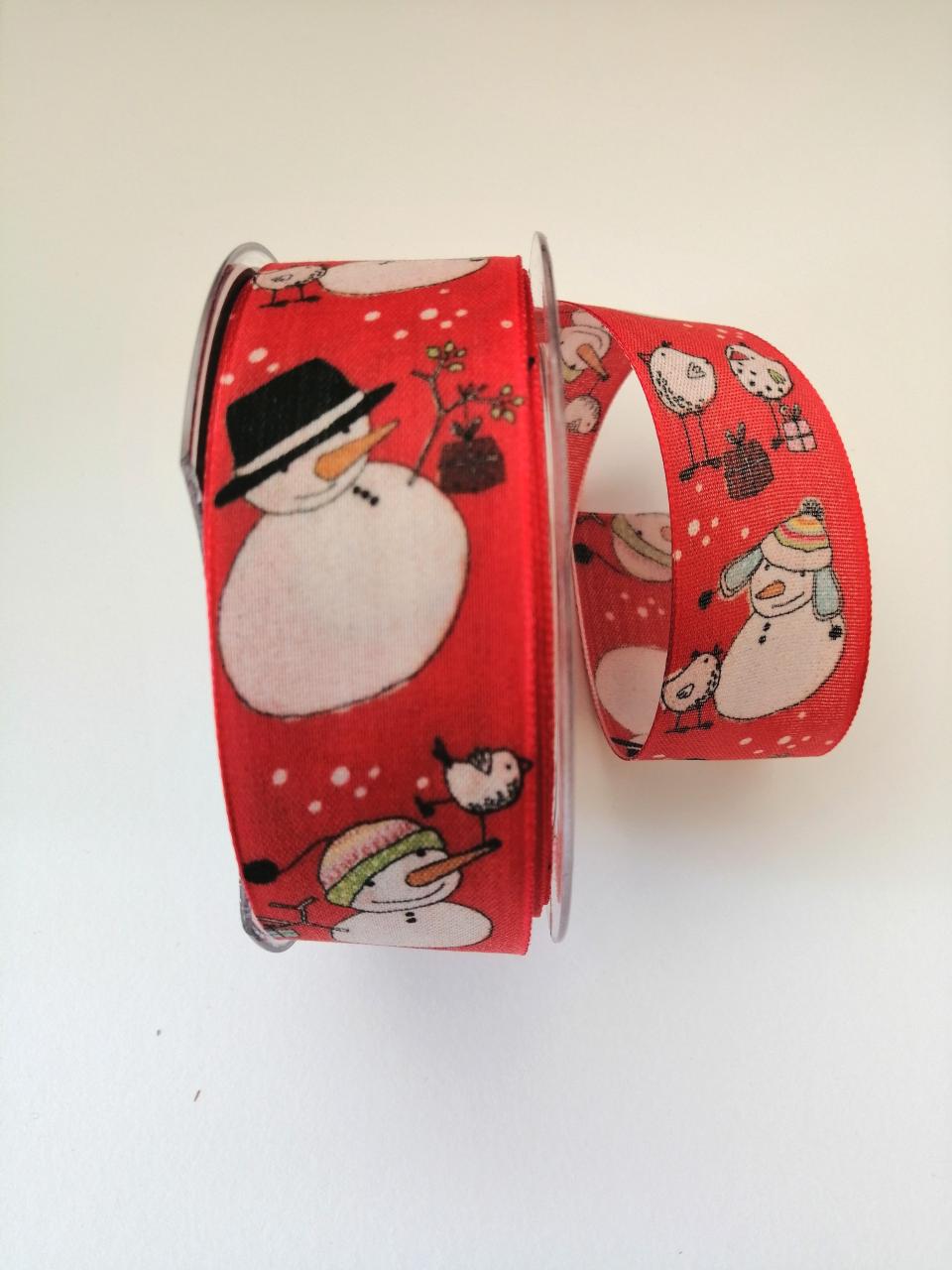 Nastro di natale con decoro pupazzi di neve buffi pbs fondo rosso 40mm