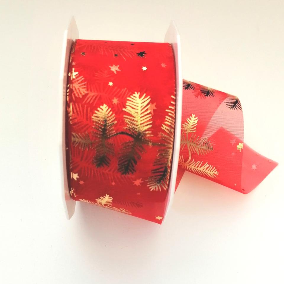 Nastro di Natale con decoro foglie e stelline dorate arti e grafica fondo rosso 40mm