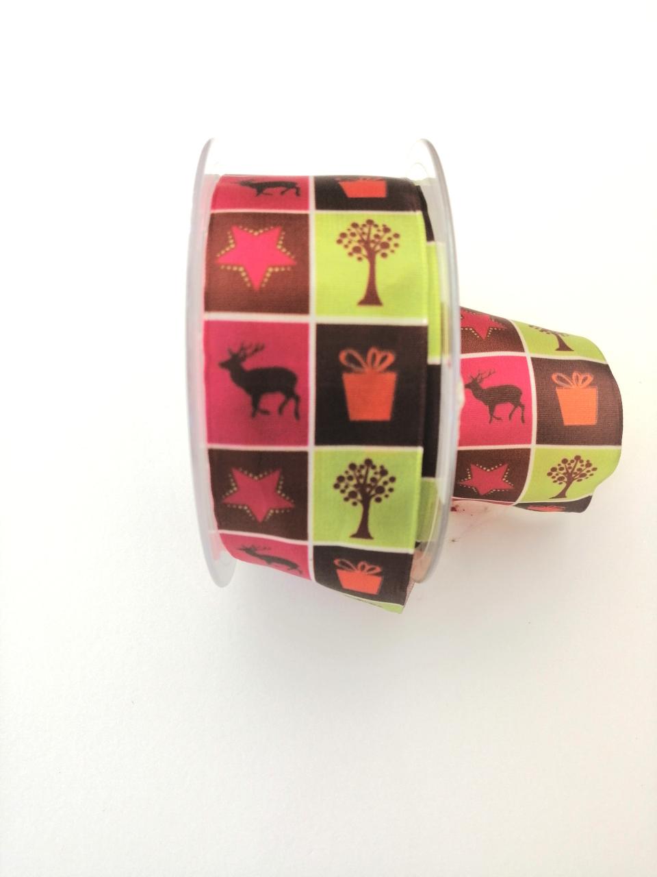 Nastro di Natale con decoro renne doni stelle e alberelli Nastro Stafil riquadrato 40mm