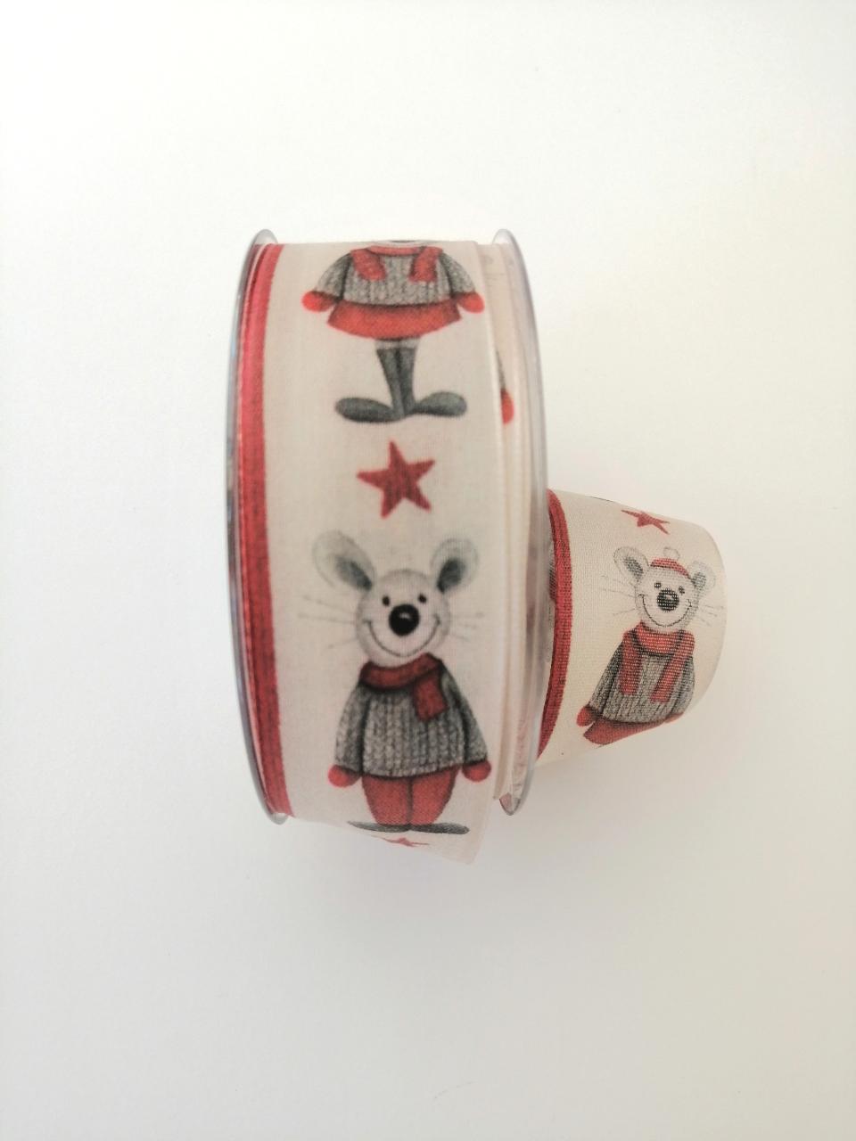 Nastro Decoro topini buffi pbs colore fondo panna e perfilo rosso Larghezza 40 mm