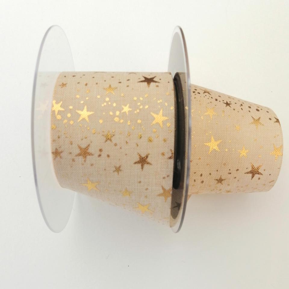 Nastro di Natale con decoro stelline e pois dorate nastro Pbs fondo avorio 60mm