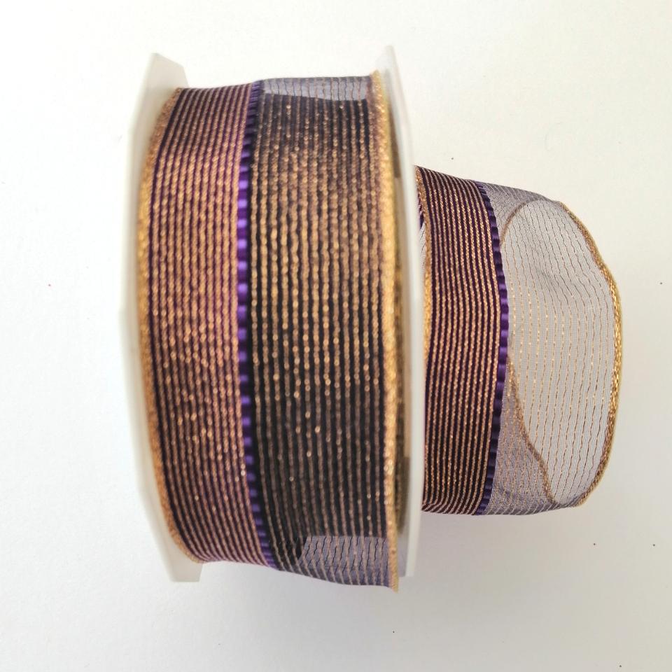 Nastro di Natale con decoro righe oro arti e grafica fondo viola trasparente 40mm