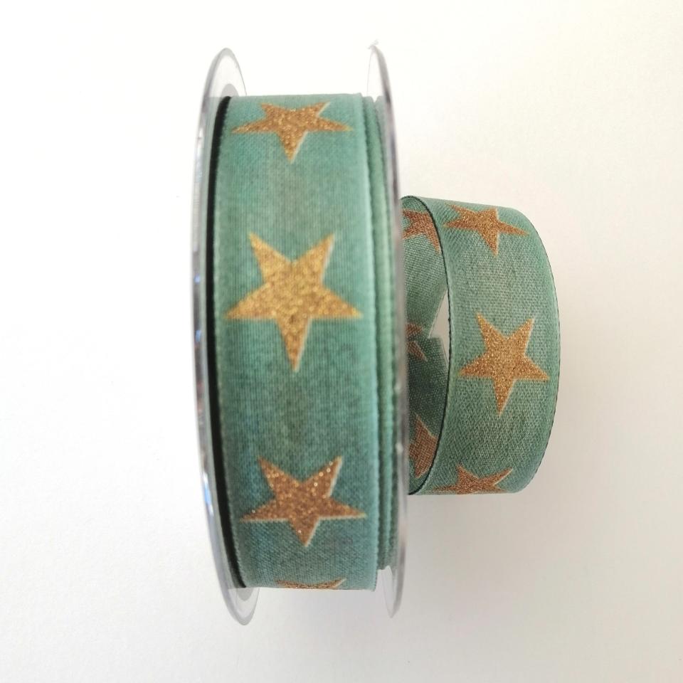 Decoro stelle dorate pbs fondo verde 25mm con rinforzo con filo di nylon
