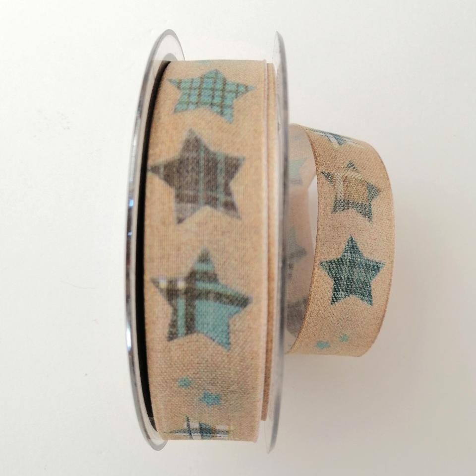 decoro stelle a quadri azzurro pbs fondo tessuto beige 25mm