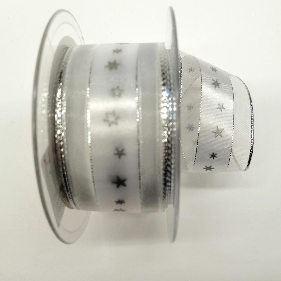 Decoro stelline argento con filo di nylon stafil fondo bianco 40 mm