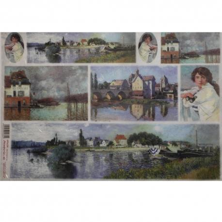 Carta riso  decoupage fantasia paesaggio impressionista stamperia 1 foglio 33x48 (cm)