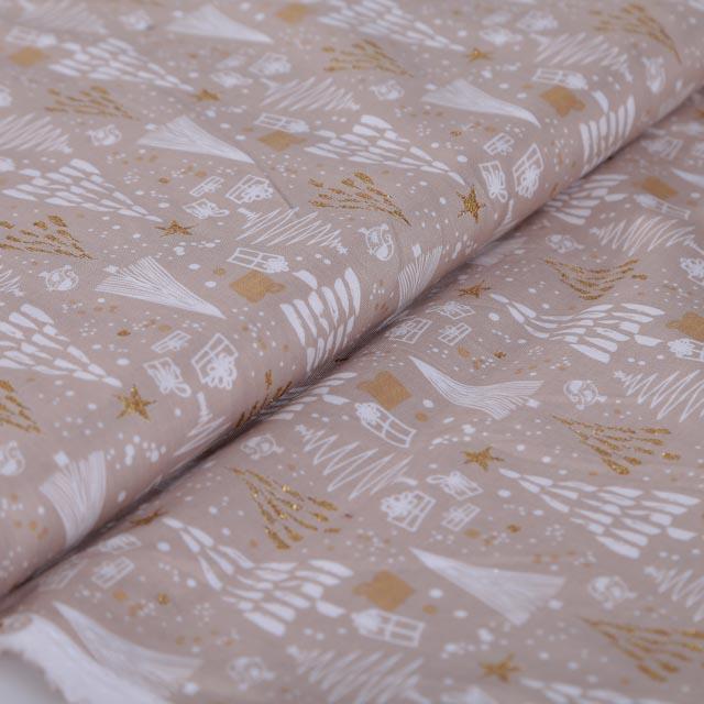 Stoffa Natalizia con fondo beige  ed alberelli stilizzati bianchi stafil 140 cm x 50 cm