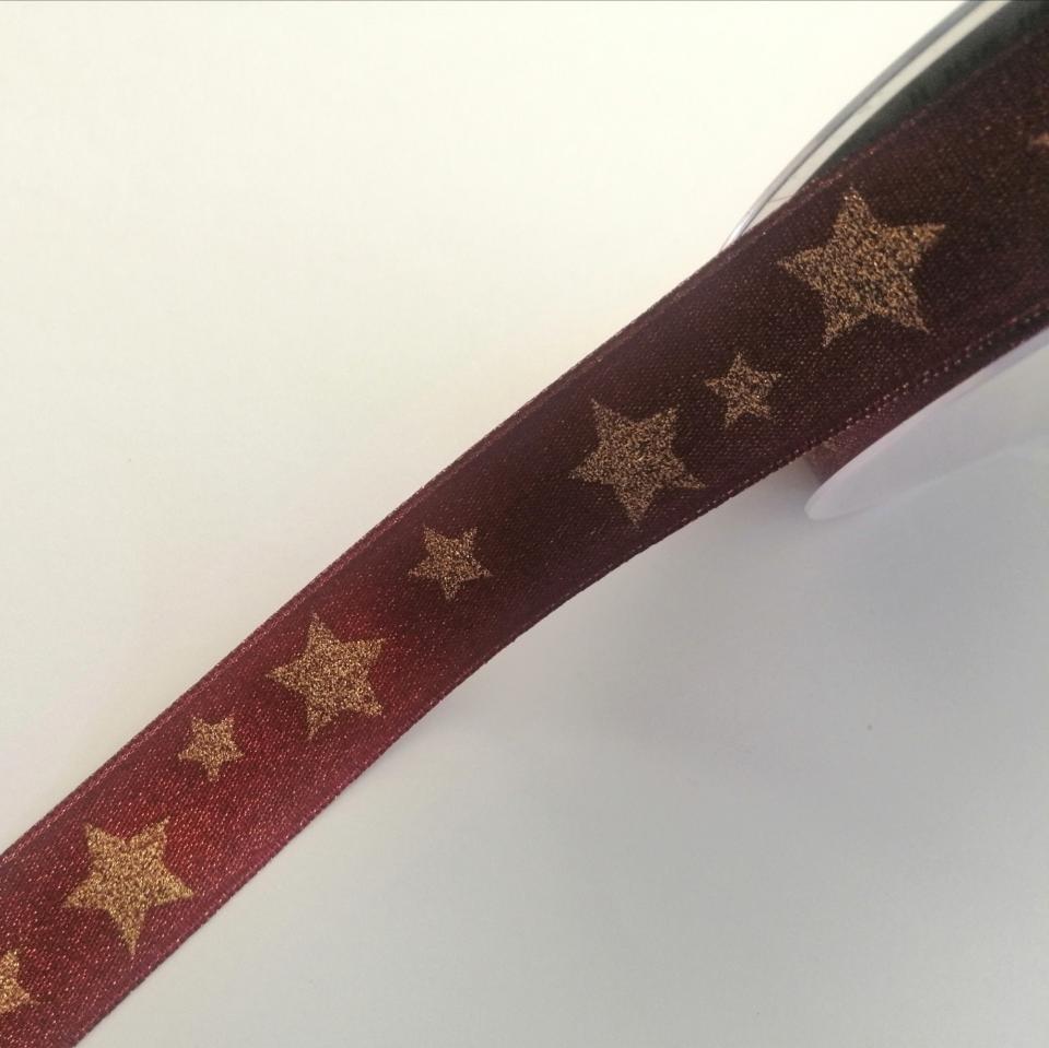 nastro raso bordeaux con stelle oro Goldina 25mm x 1mt - Nastri