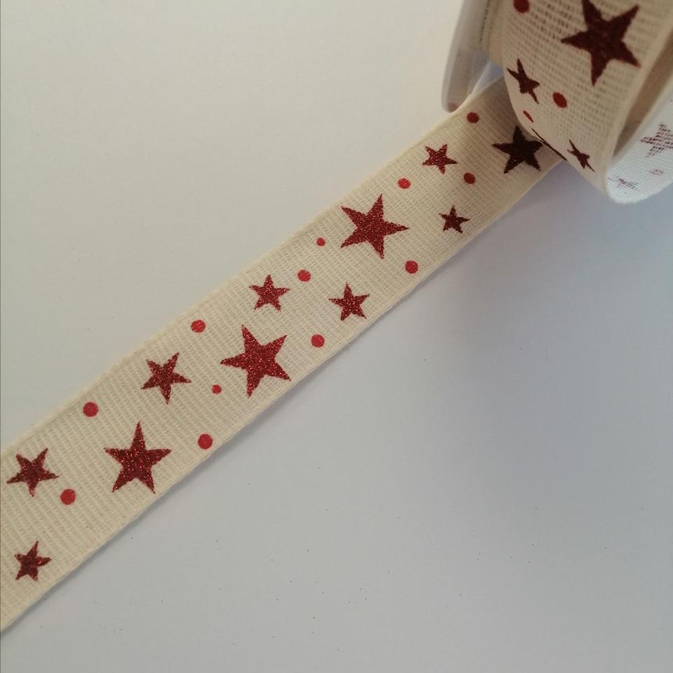 nastro natalizio panna con stelle rosse Goldina 25 mm x 1mt nastro