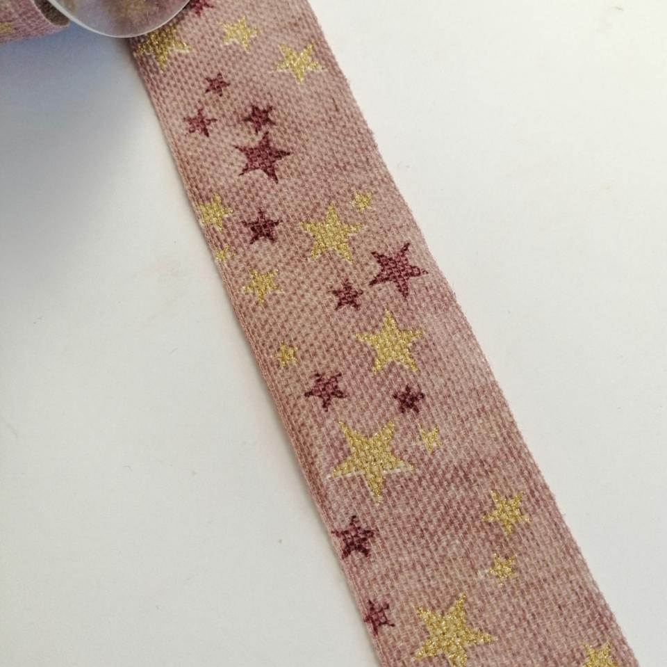 nastro juta rosa antico con stelle Goldina 40 mm x 1 mt