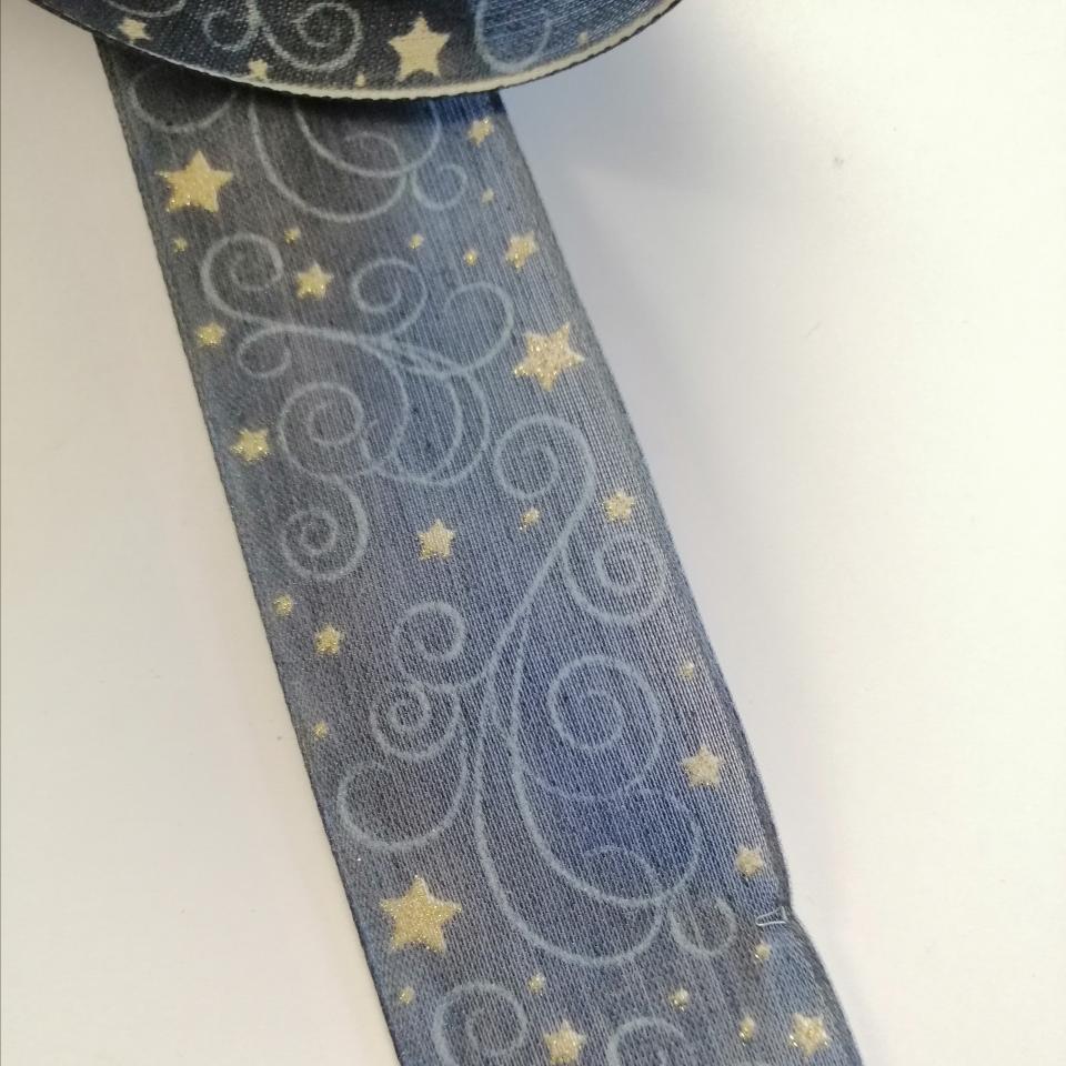 nastro blu con ghirigori e stelle oro Goldina 40 mm x 1 mt