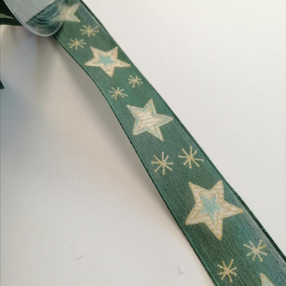 nastro verde pino con stelle oro Goldina 25 mm x 1 mt