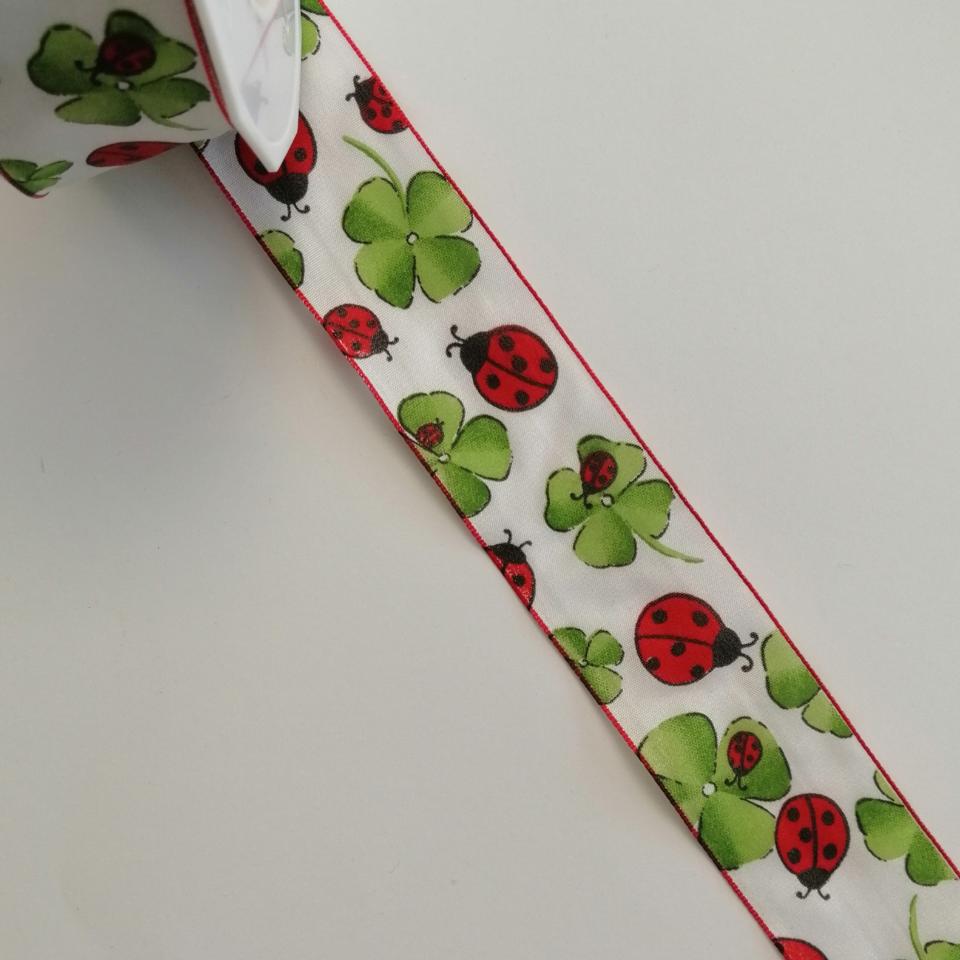 nastro bianco con coccinelle e quadrifoglio Stafil 40 mm per 1 mt