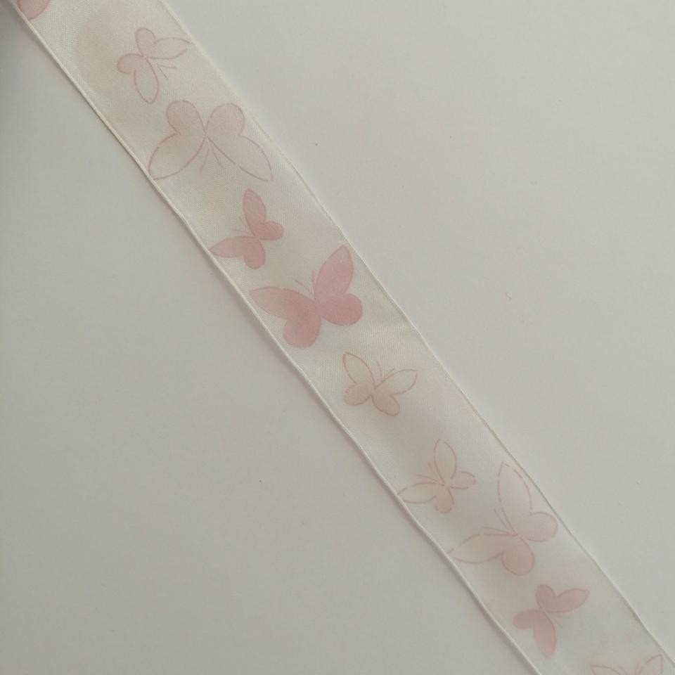 nastro organza panna con farfalle rosa goldina 40 mm per 1 mt