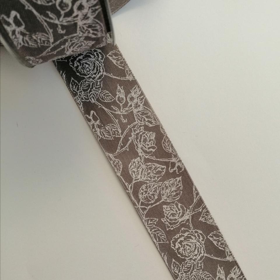 nastro tortora con tralci rose bianche Goldina 40 mm per 1 mt