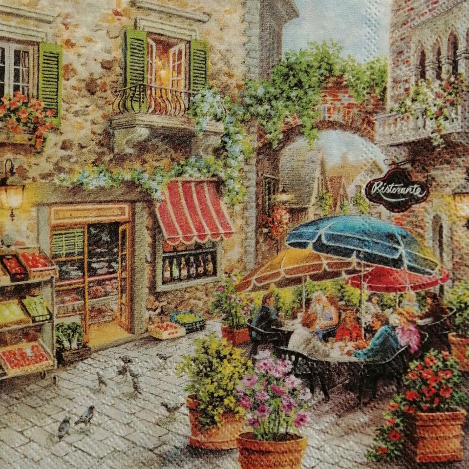 tovaglioli per decoupage piazza con ombrelloni e fruttivendolo arti e grafica busta da 2 pezzi 33 x 33 cm