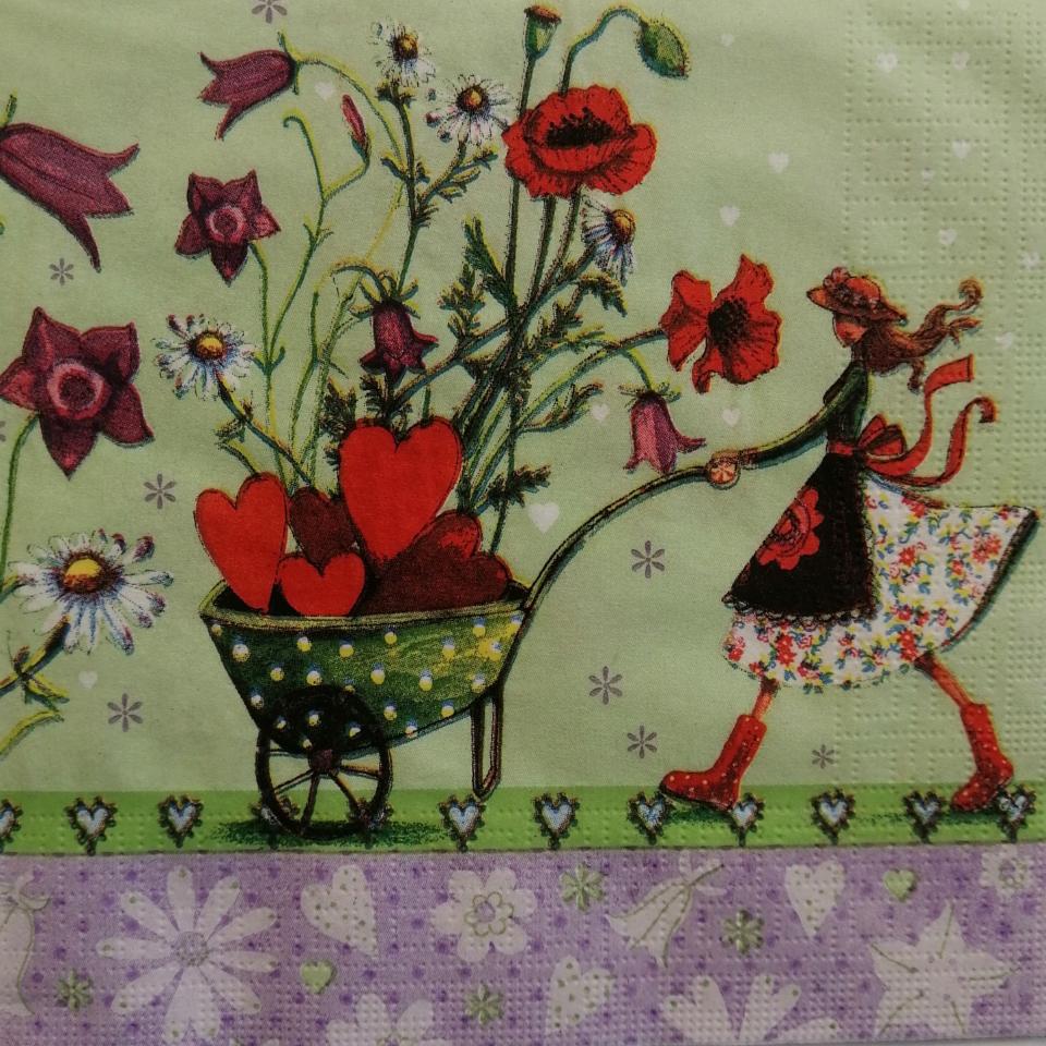 tovaglioli per decoupage ragazza con carriola e fiori di colore rosso arti e grafica busta da 2 pezzi 33 x 33 cm