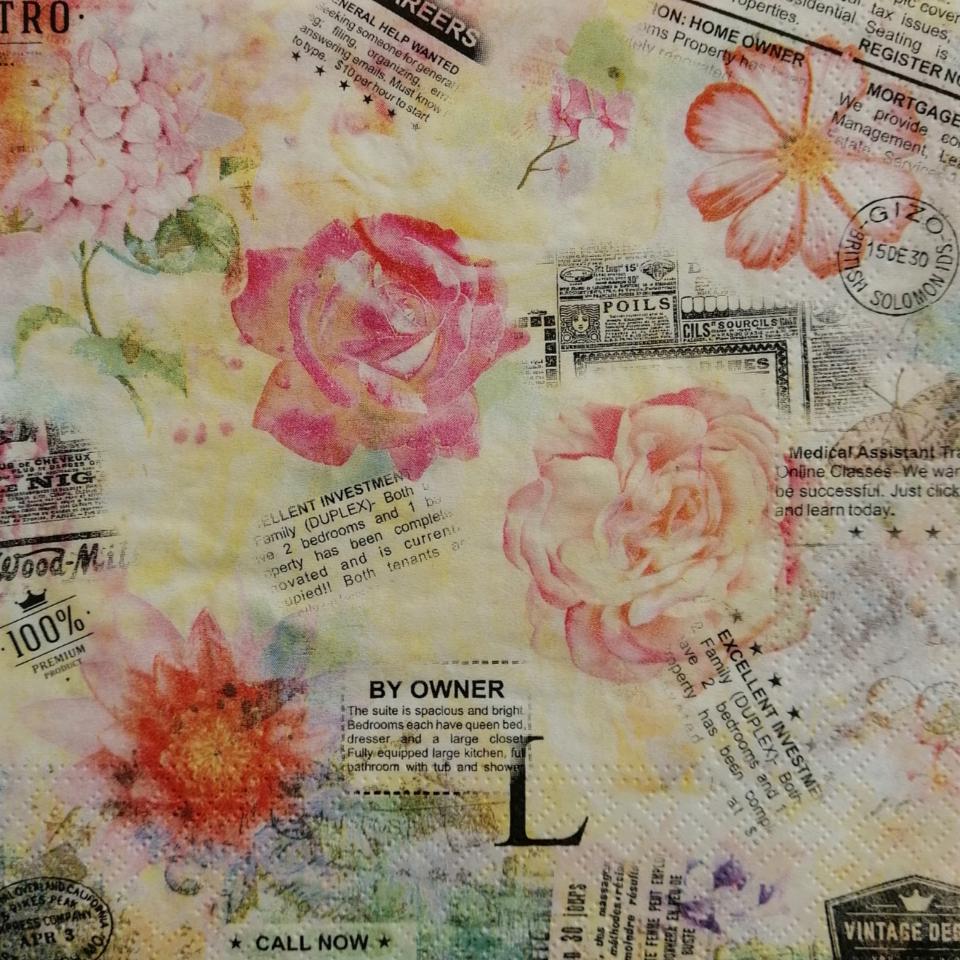 tovaglioli per decoupage  rose e scritte arti e grafica busta da 2 pezzi 33 x 33 cm