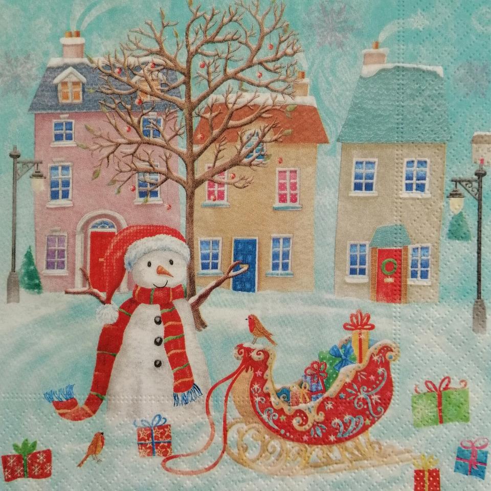 tovaglioli per  decoupage natalizio pupazzi di neve con slitta arti e grafica busta da 2 pezzi 33x33