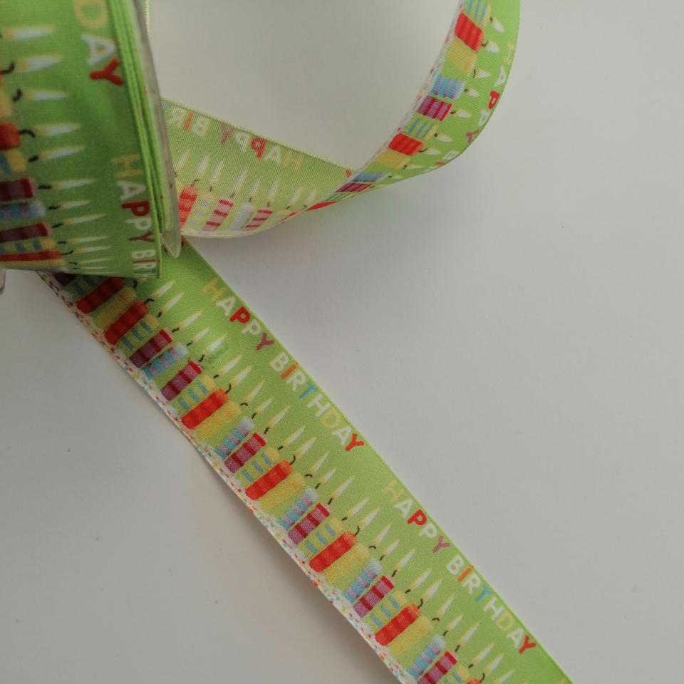 nastro al metro  verde con candeline ed happy birthday Goldina 40 mm per 1 mt
