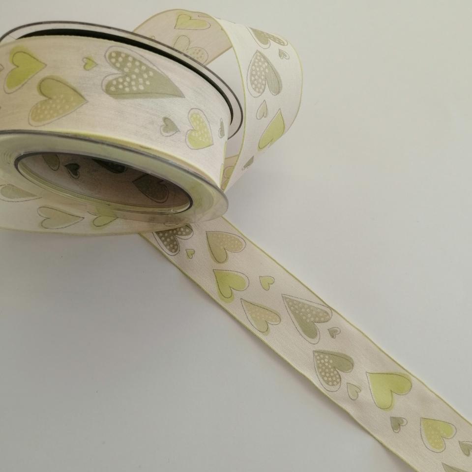 nastro al metro avorio con cuori verde goldina 40 mm per 1 mt