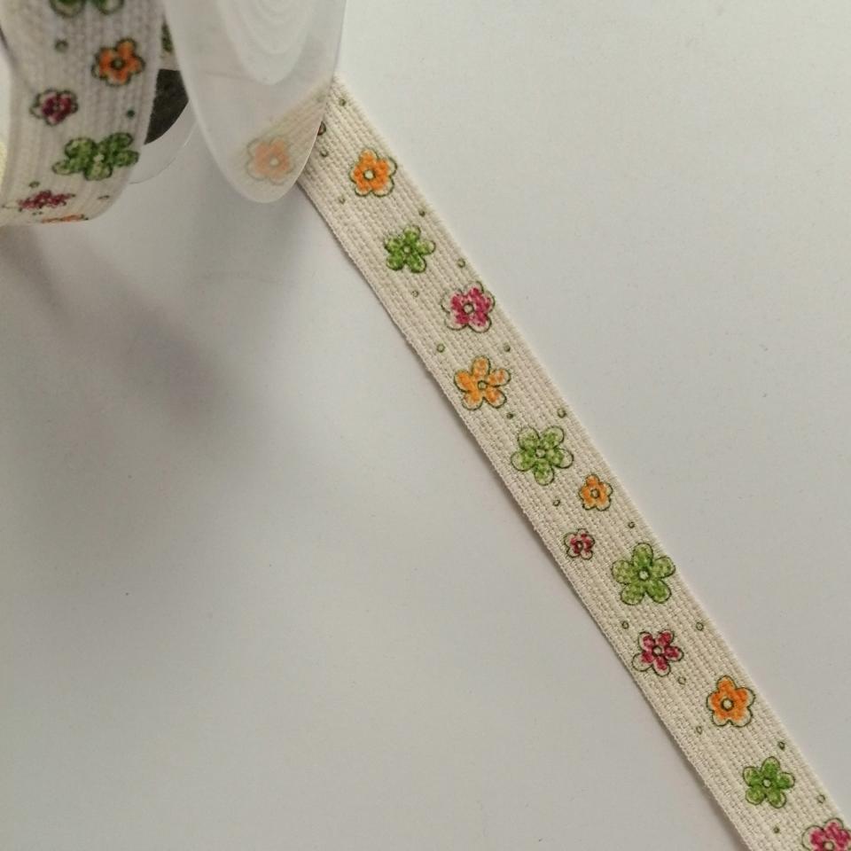 nastro panna con margherite fucsia verdi e gialle Goldina 15 mm x 1 mt