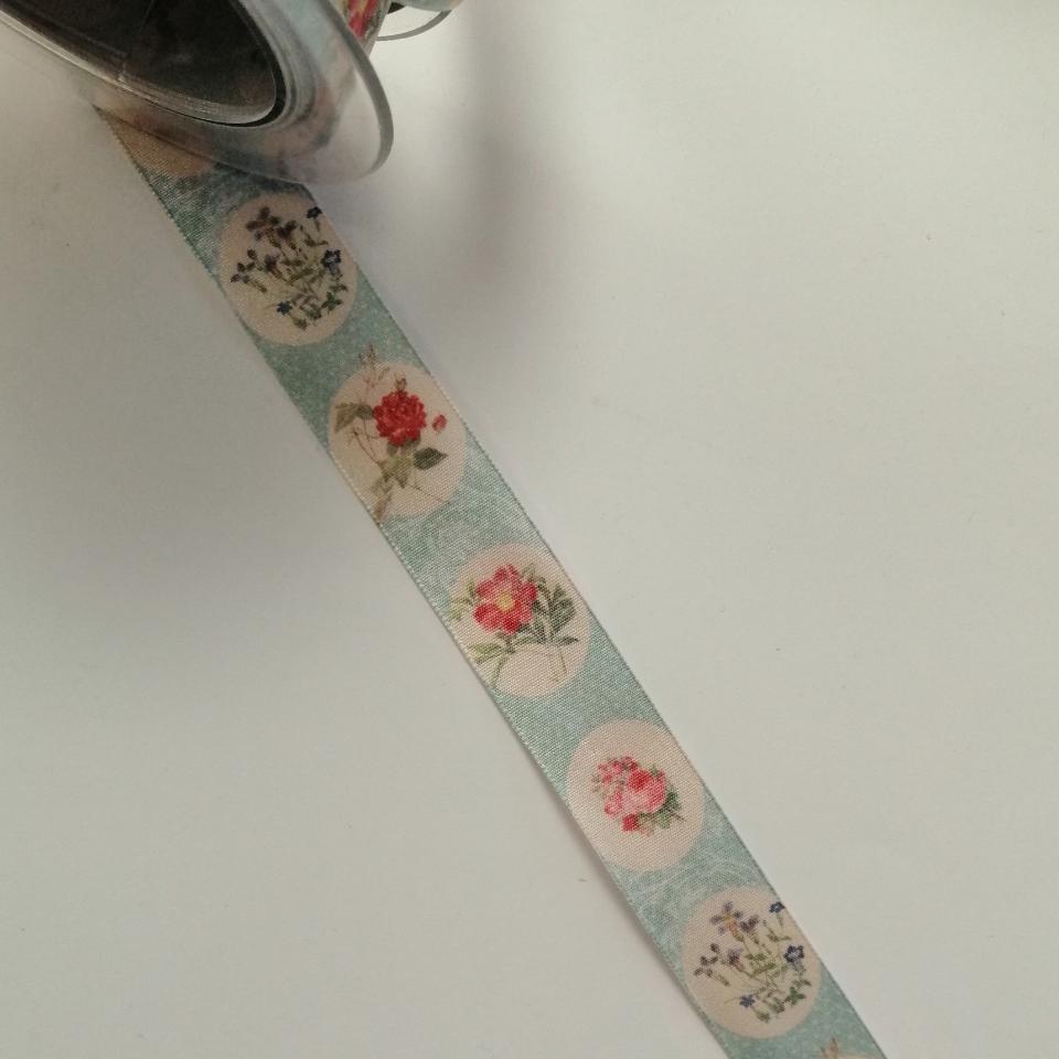 nastro shabby celeste con fiori Goldina 25 mm x 1 mt