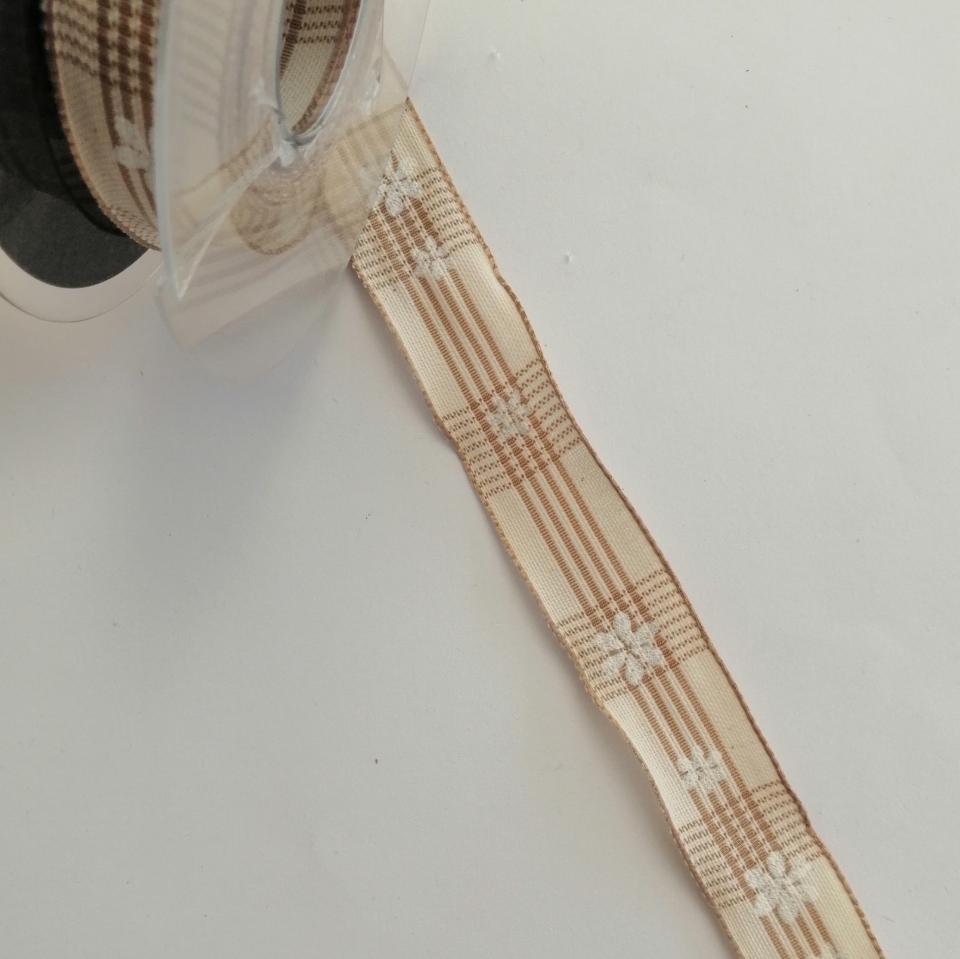 nastro panna con strisce beige e fiori bianchi goldina 25 mm x 1 mt