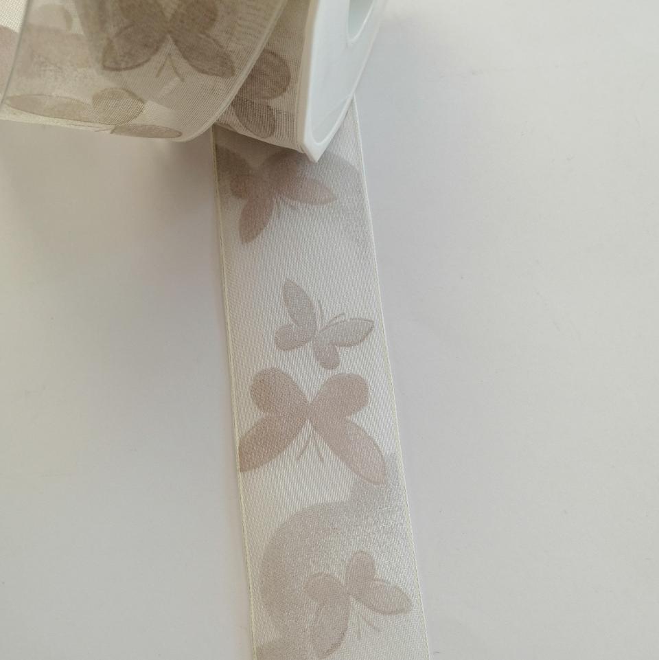 nastro organza panna con farfalle tortora stafil 40 mm per 1 mt