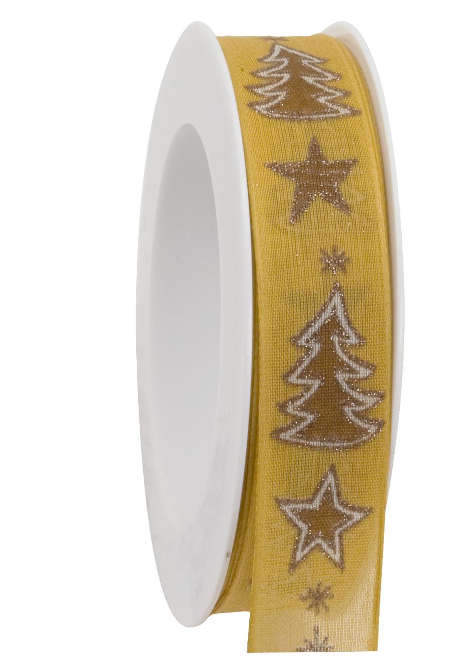 nastro zafferano con alberi di natale e stelle Goldina 25 mm x 1 mt