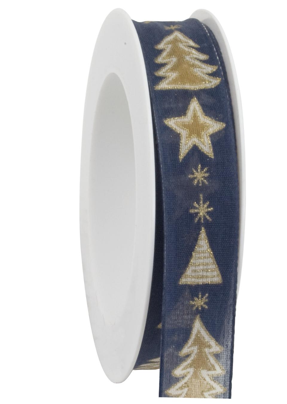 nastro blu navy con alberi di natale e stelle Goldina 25 mm x 1 mt